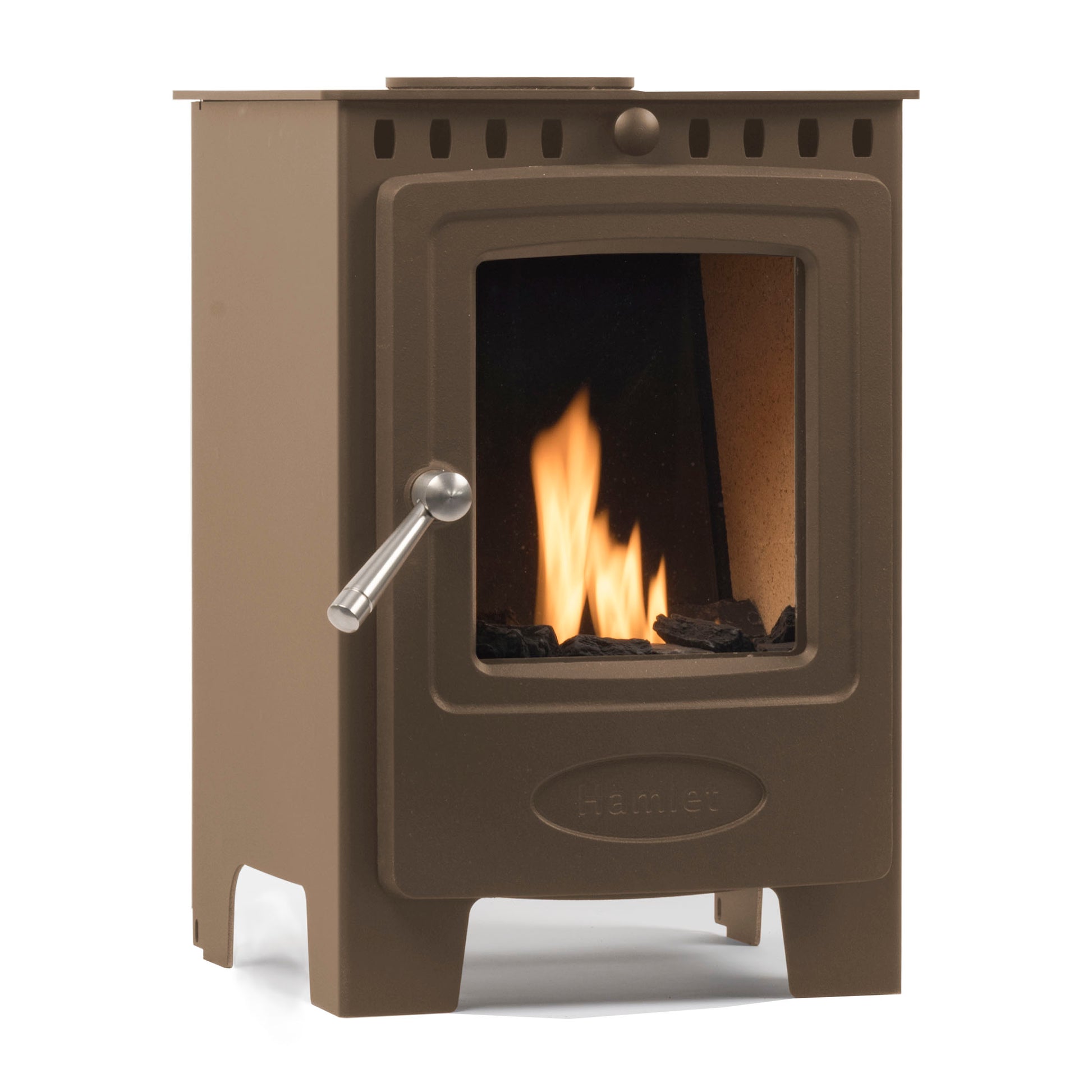 A brown cast iron wood-burning stove with a glass window showing a lit fire, featuring a silver lever handle on the side and the brand name 'RHEINES' embossed on the lower front.