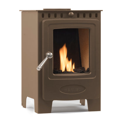 A brown cast iron wood-burning stove with a glass window showing a lit fire, featuring a silver lever handle on the side and the brand name 'RHEINES' embossed on the lower front.