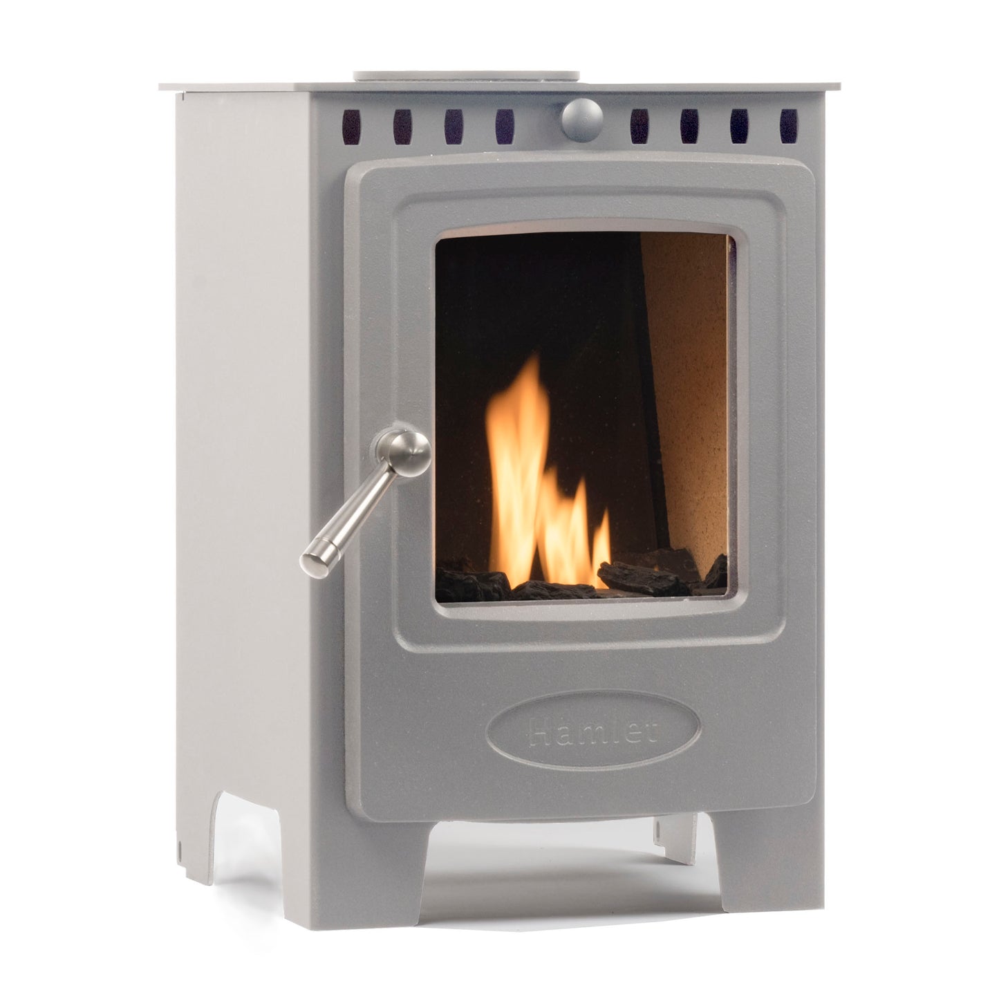 A gray cast iron wood-burning stove with a glass front door showing a fire, featuring a silver lever handle and the Hamlet brand logo embossed on the lower front.