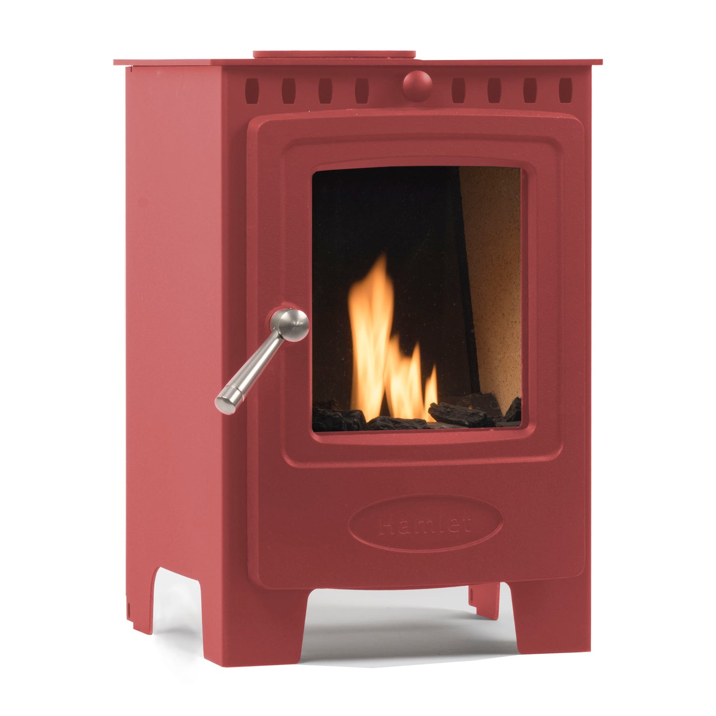 A red Bimmer wood-burning stove with a glass front door showing a lit fire, featuring a silver metal handle on a white background.