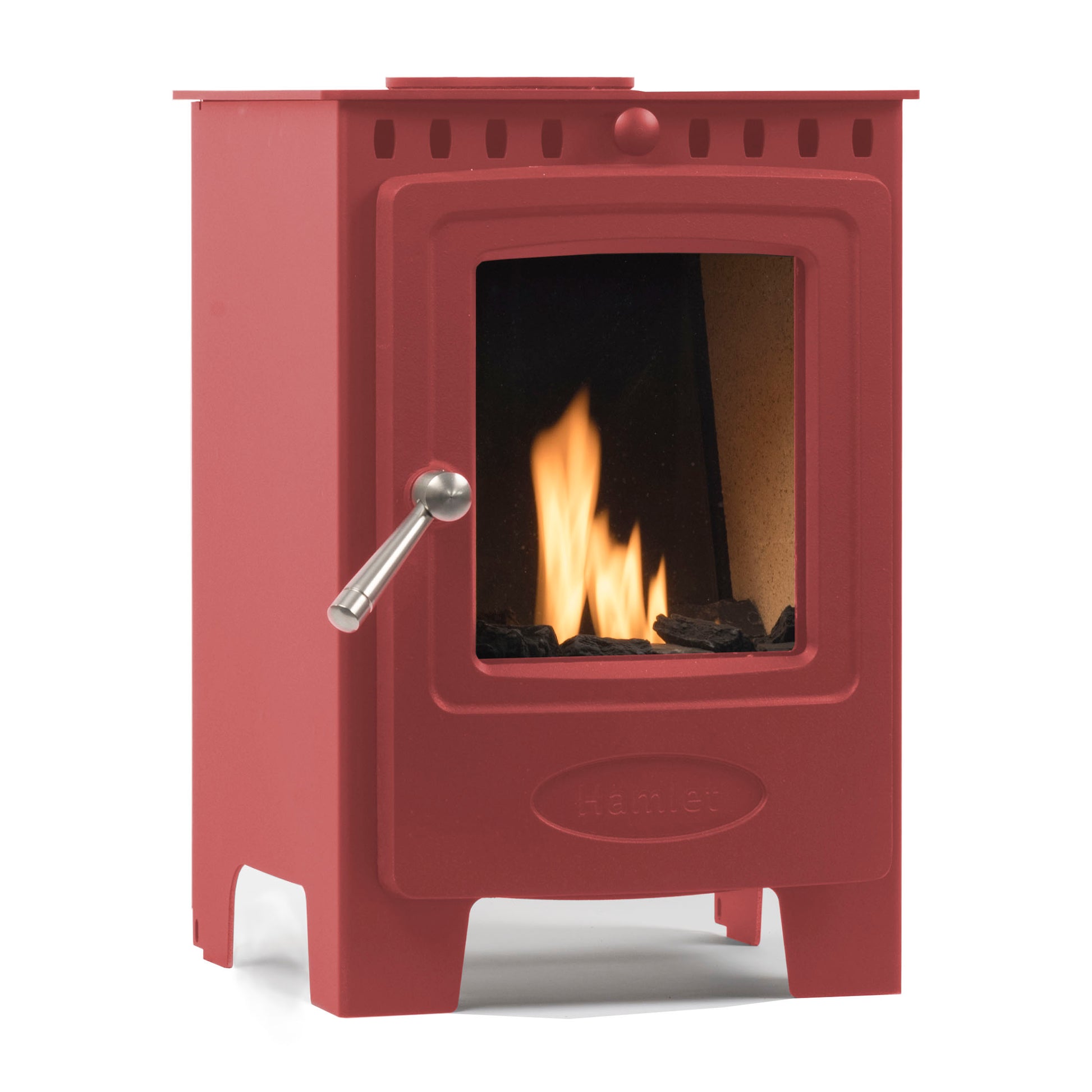 A red Bimmer wood-burning stove with a glass front door showing a lit fire, featuring a silver metal handle on a white background.