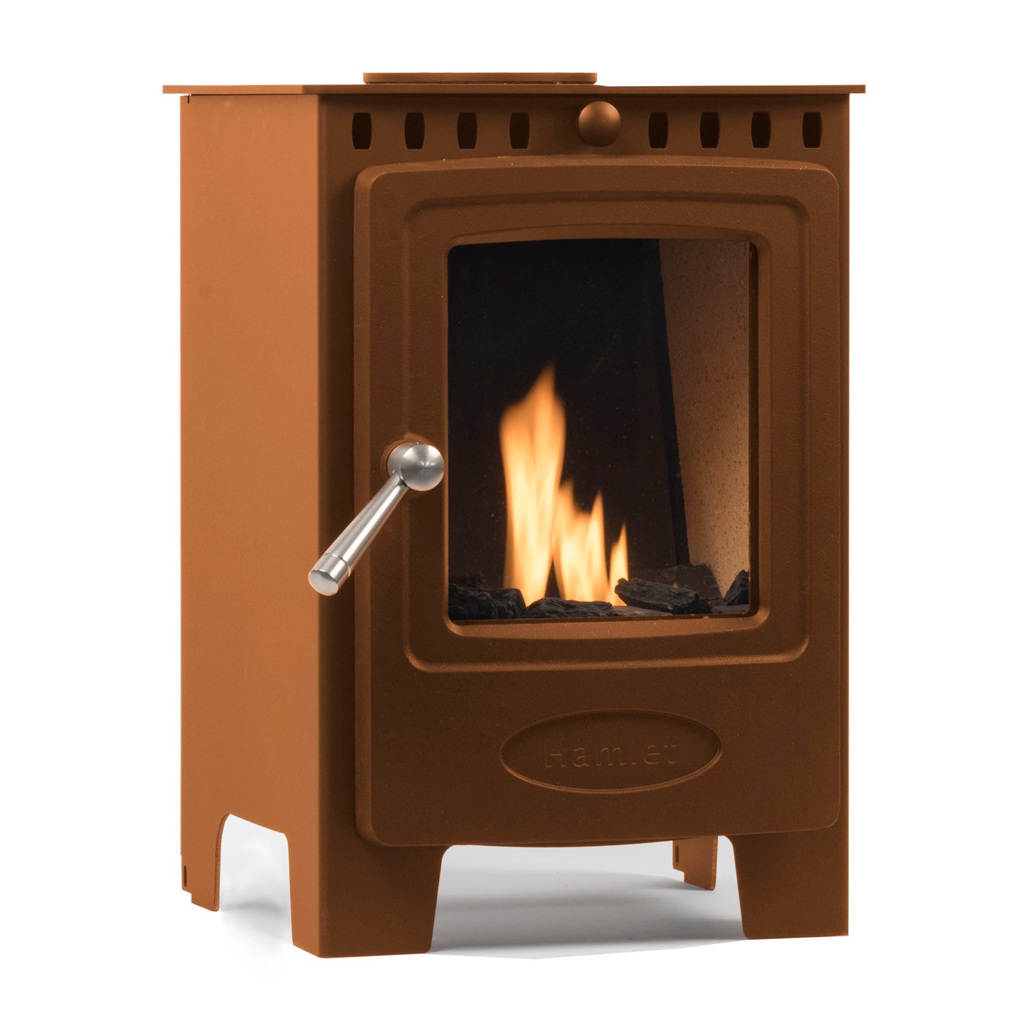 A brown cast iron wood-burning stove with a glass front door showing a lit fire, a silver metal handle, and a small recessed HEMEL logo on the lower front, isolated on a white background.
