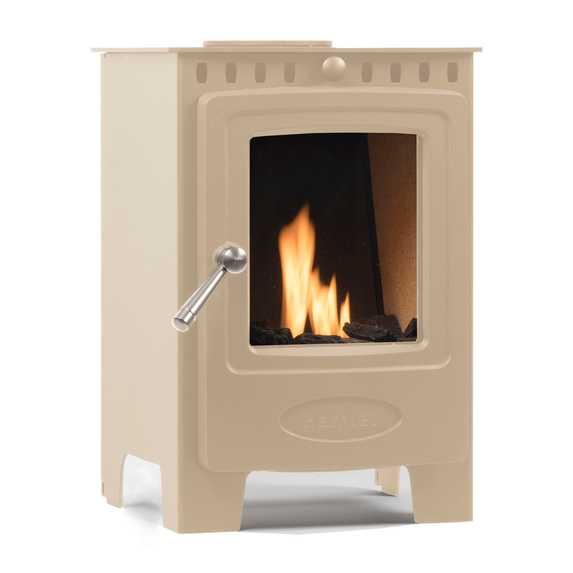 A beige cast iron wood-burning fireplace insert with a glass door showing a lit flame, on a white background.