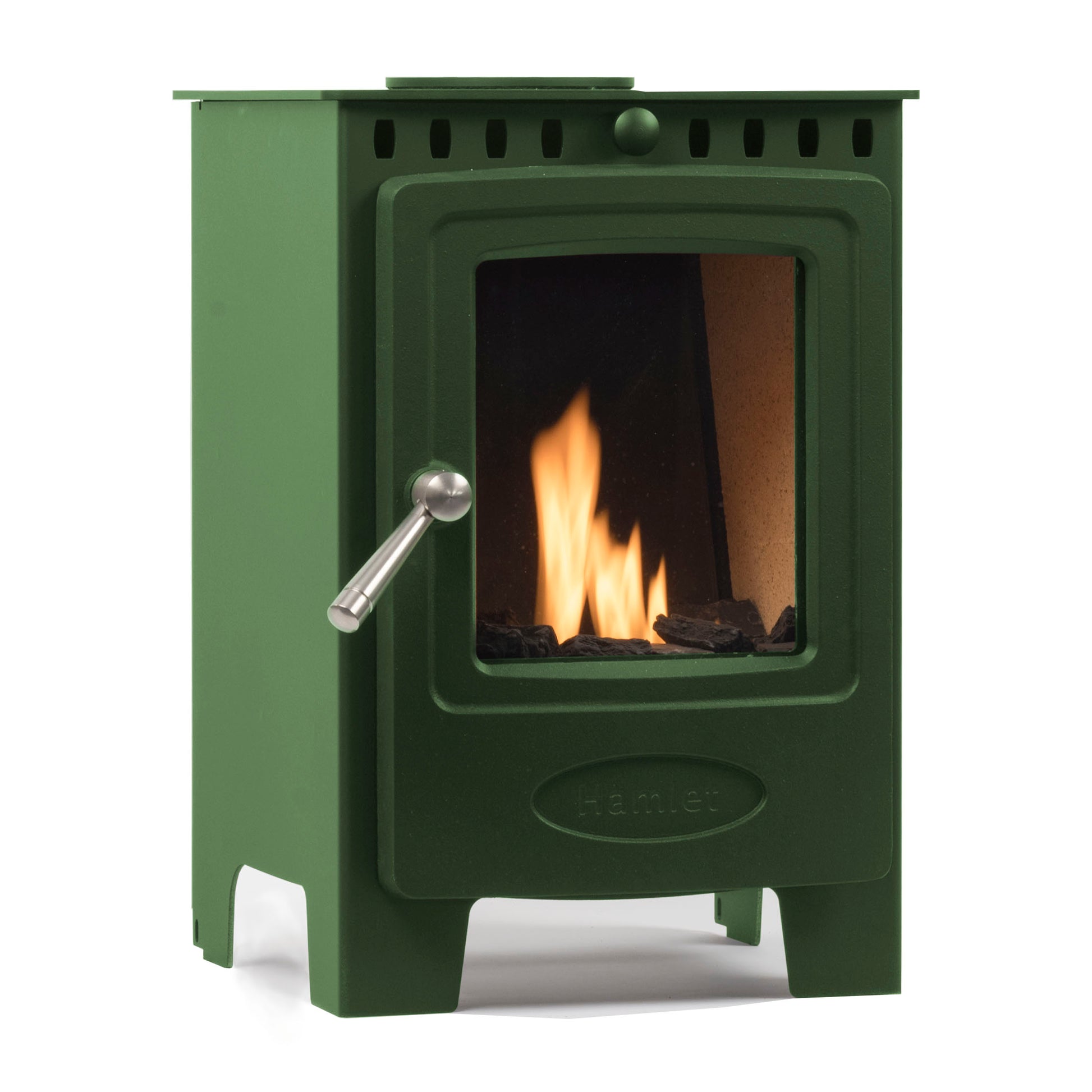 An olive green cast iron wood-burning stove with a glass front door showing a lit fire, featuring a silver metal handle and the 'RAMSLEY' brand logo embossed on the lower front.