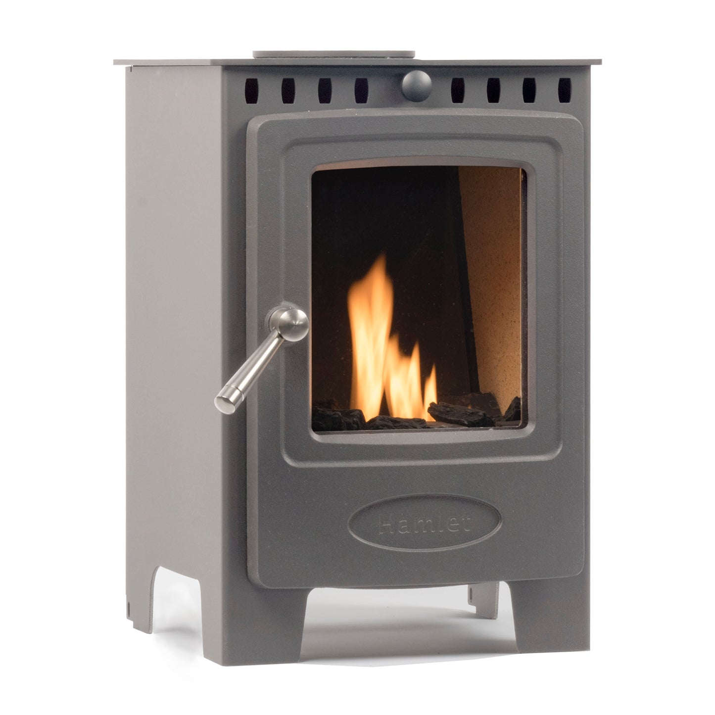 A gray cast iron wood-burning stove with a glass door showing a fire, featuring a metal handle and the HAMLER brand logo on a white background.