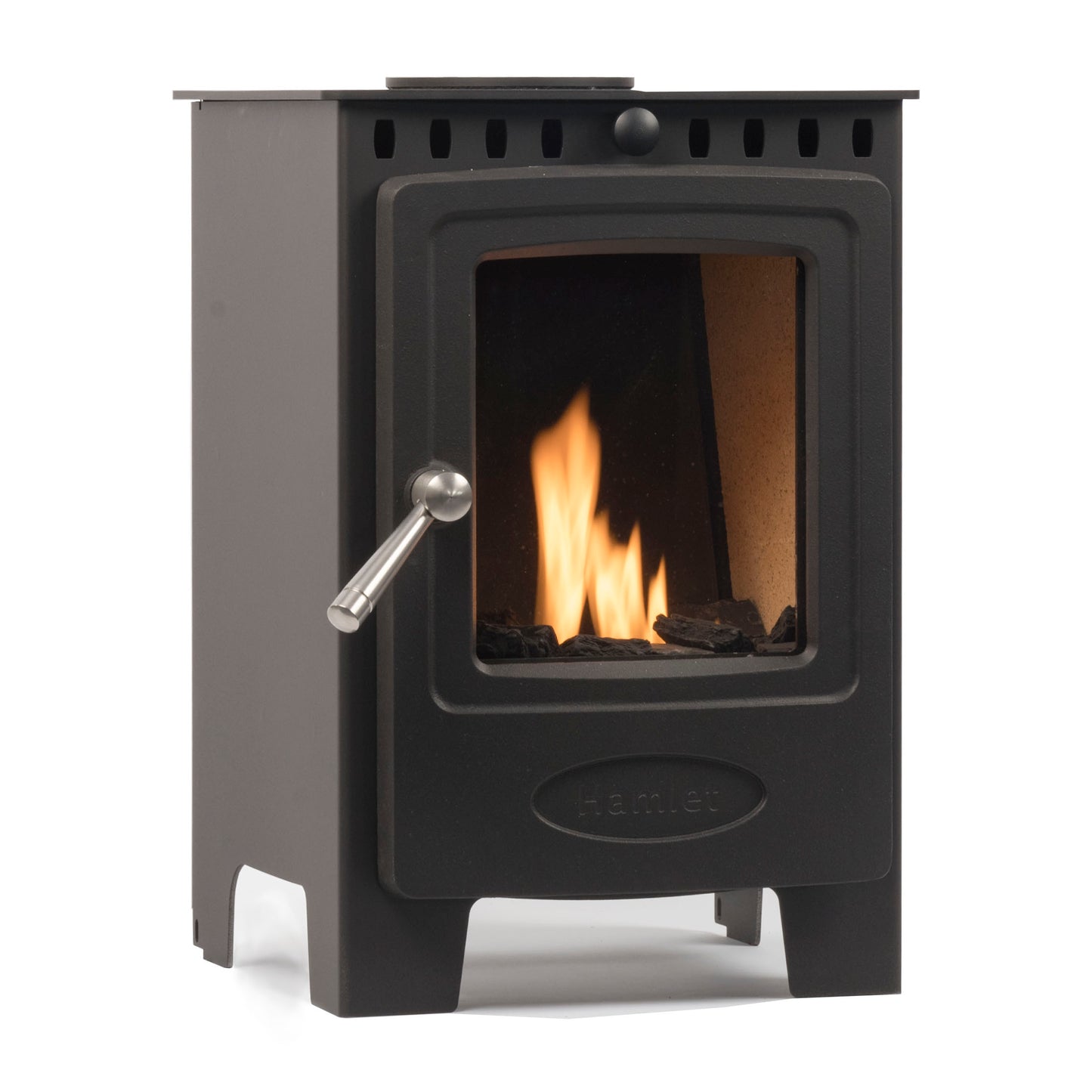 A black metal bioethanol stove with a glass door showing a lit fire, featuring a silver lever handle and the brand name 'Hamlet' embossed on the lower front, set against a plain white background.