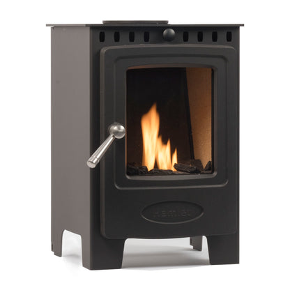 A black metal bioethanol stove with a glass door showing a lit fire, featuring a silver lever handle and the brand name 'Hamlet' embossed on the lower front, set against a plain white background.