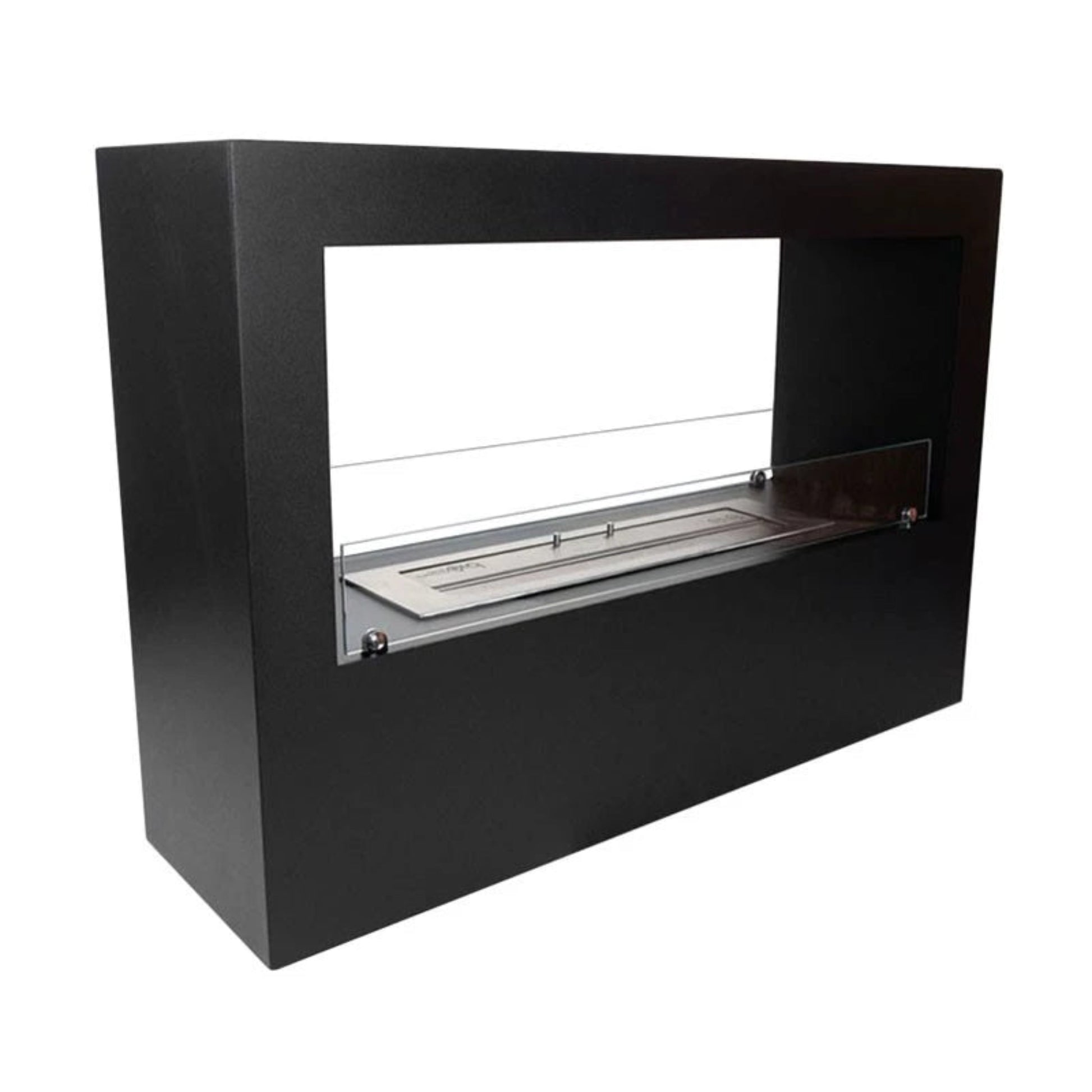 Black rectangular fireplace with glass guard on a white background