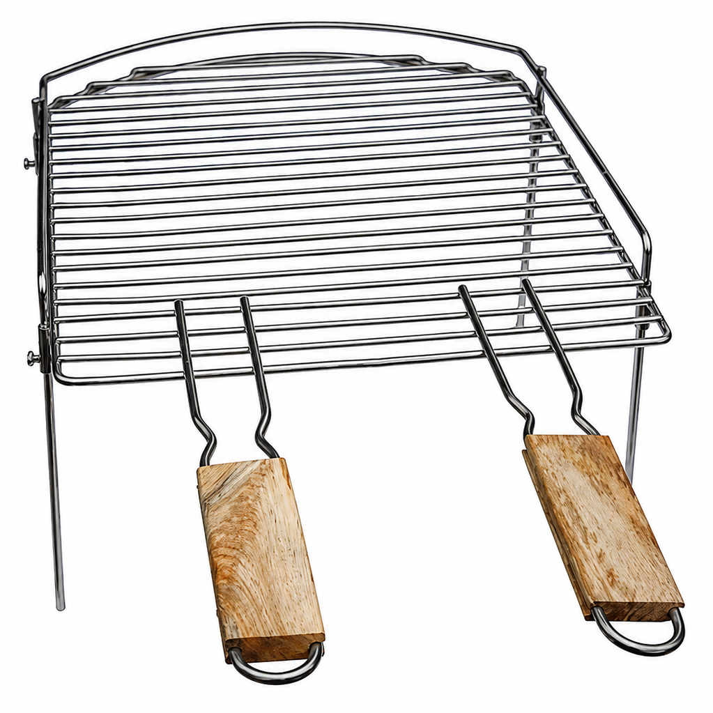Metal grill rack with wooden handles on a white background