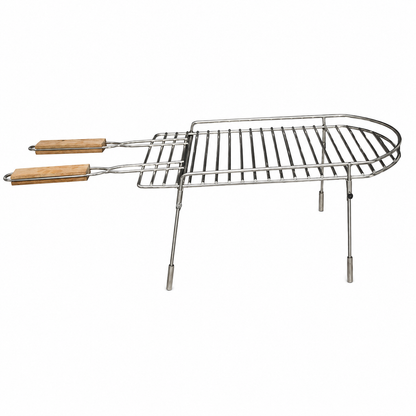 Portable metal grill with wooden handles on a white background