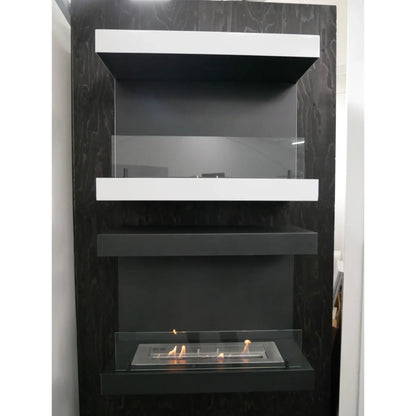 Modern black and white fireplace with glass front