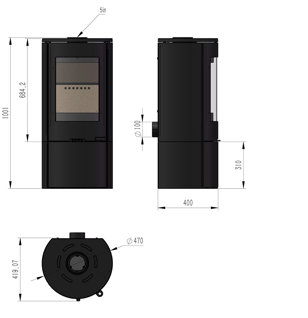 Explorer C5 with 310mm log store dimensions diagram