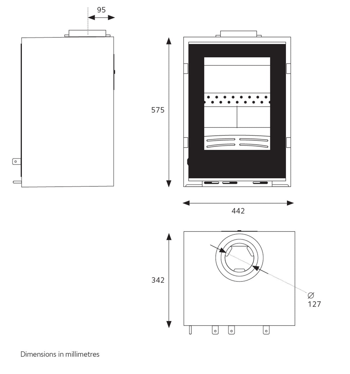 Explorer 5fG Freestanding Stove with All Glass Door dimensions diagram
