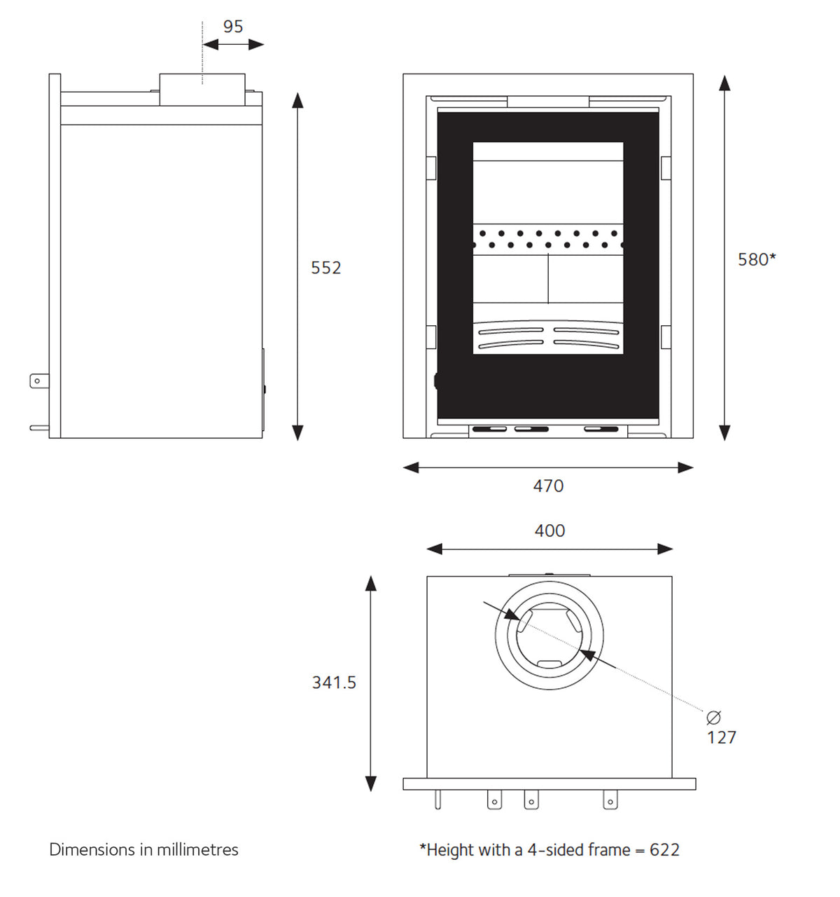 Explorer 5iG Inset Stove with All Glass Door dimensions diagram