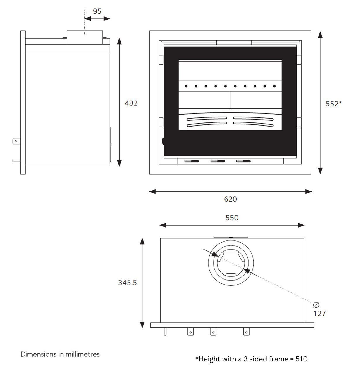 Explorer 7iG Inset Stove with All Glass Door dimensions diagram