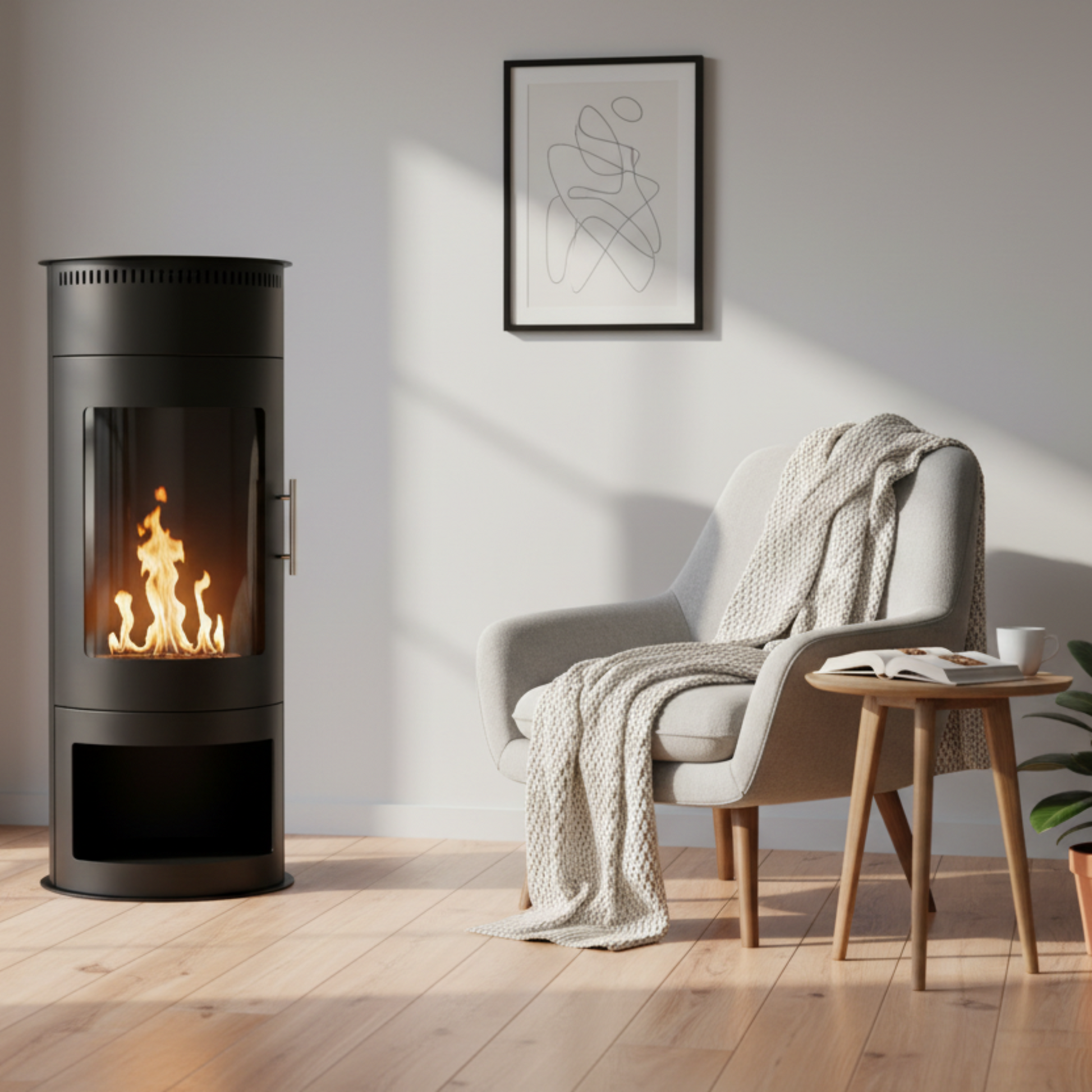 Black freestanding fireplace with visible flames on a white background